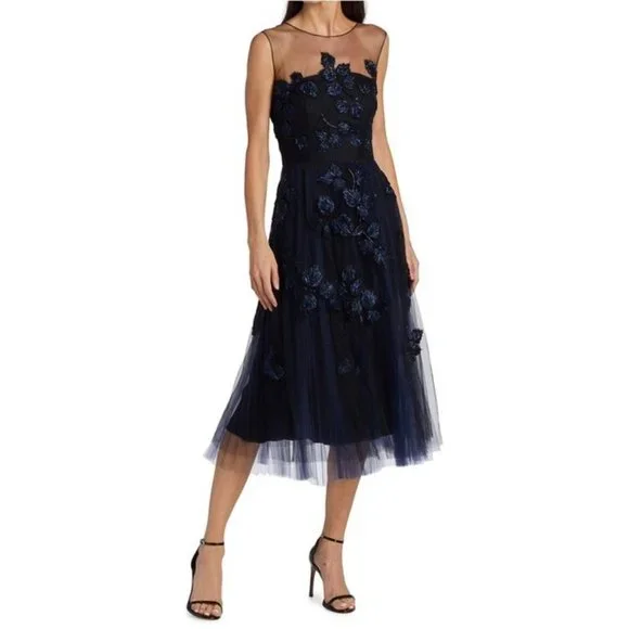 Carolina Herrera Navy Beaded And Appliqued Tulle Mid Length Dress